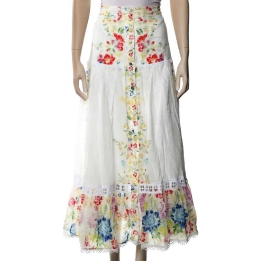 Charo Ruiz White Floral Garden Multi Colored Maxi/Midi Skirt, Cotton, NWT size M - Picture 3 of 15
